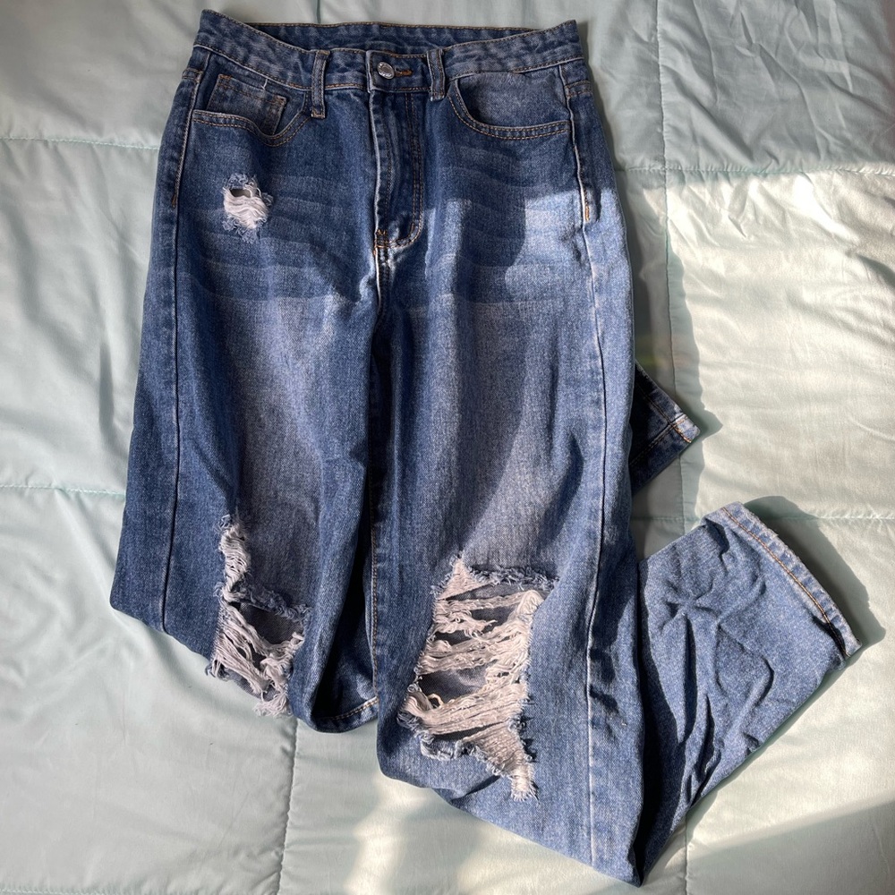 Shein Medium wash high waisted ripped straight leg jeans
